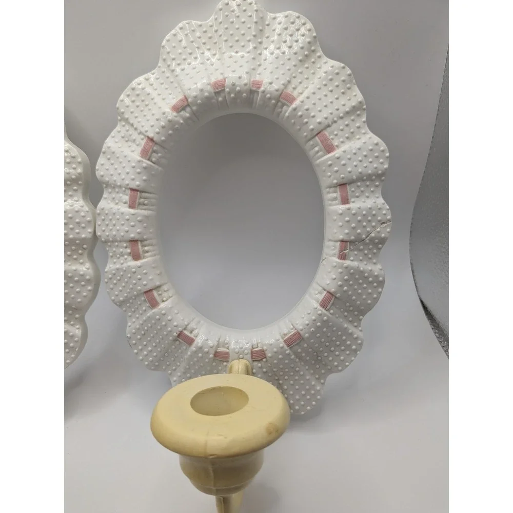 Burwood‎ White Hobnail Pink Ribbon Sconce Candle Holders Cottagecore Wall Set